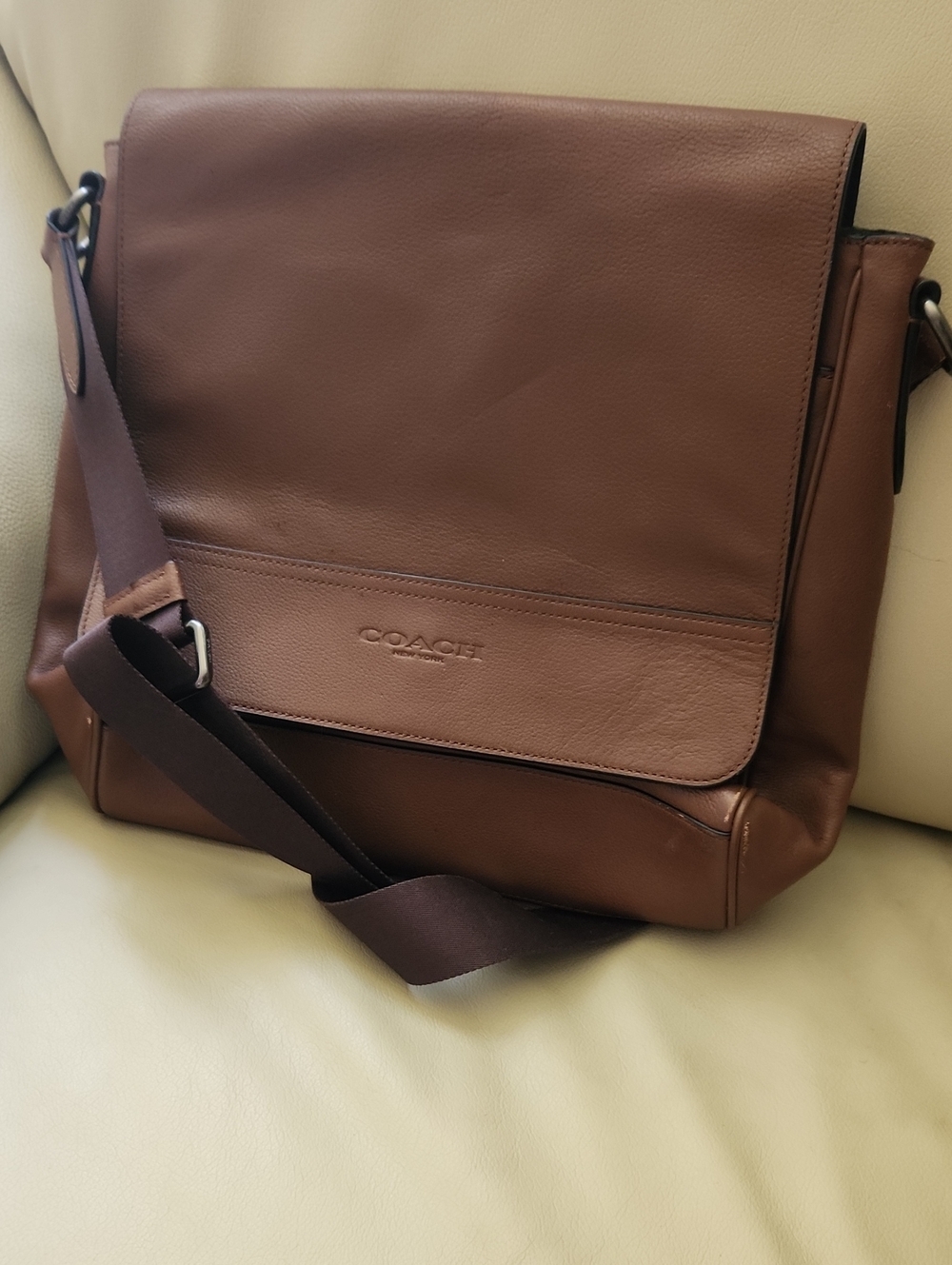 Coach Men's Houston Map Leather Messenger Bag Brown